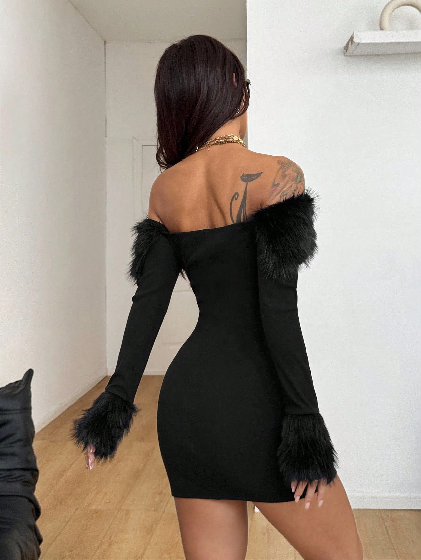 Coolane Women's Fall/Winter Streetwear Date Night Club Outfits Festival Y2K Fur Collar Dress Black - Image 2