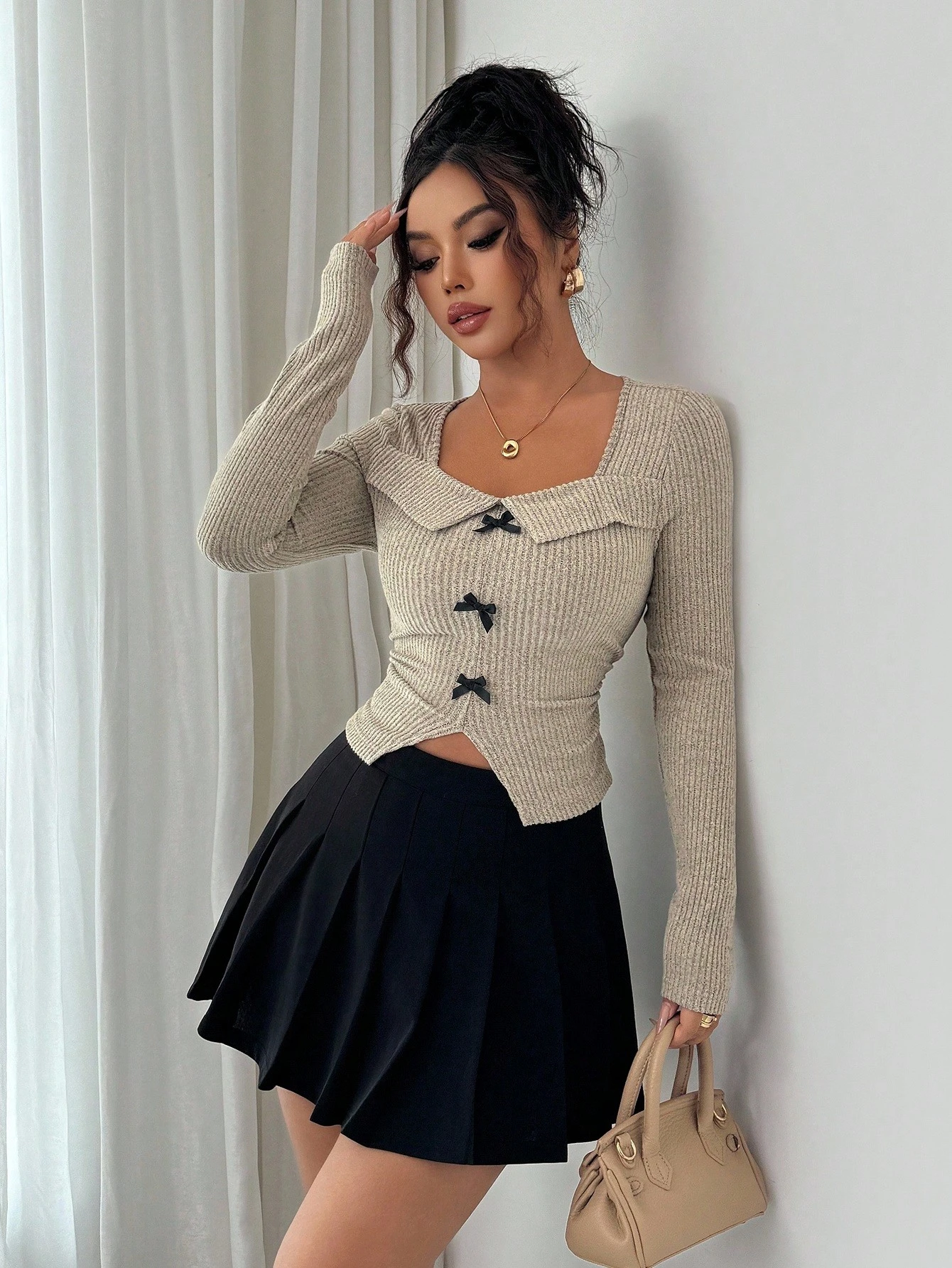 Elenzga Women's Square Neck Bow Asymmetrical Long Sleeve T-Shirt - Image 4