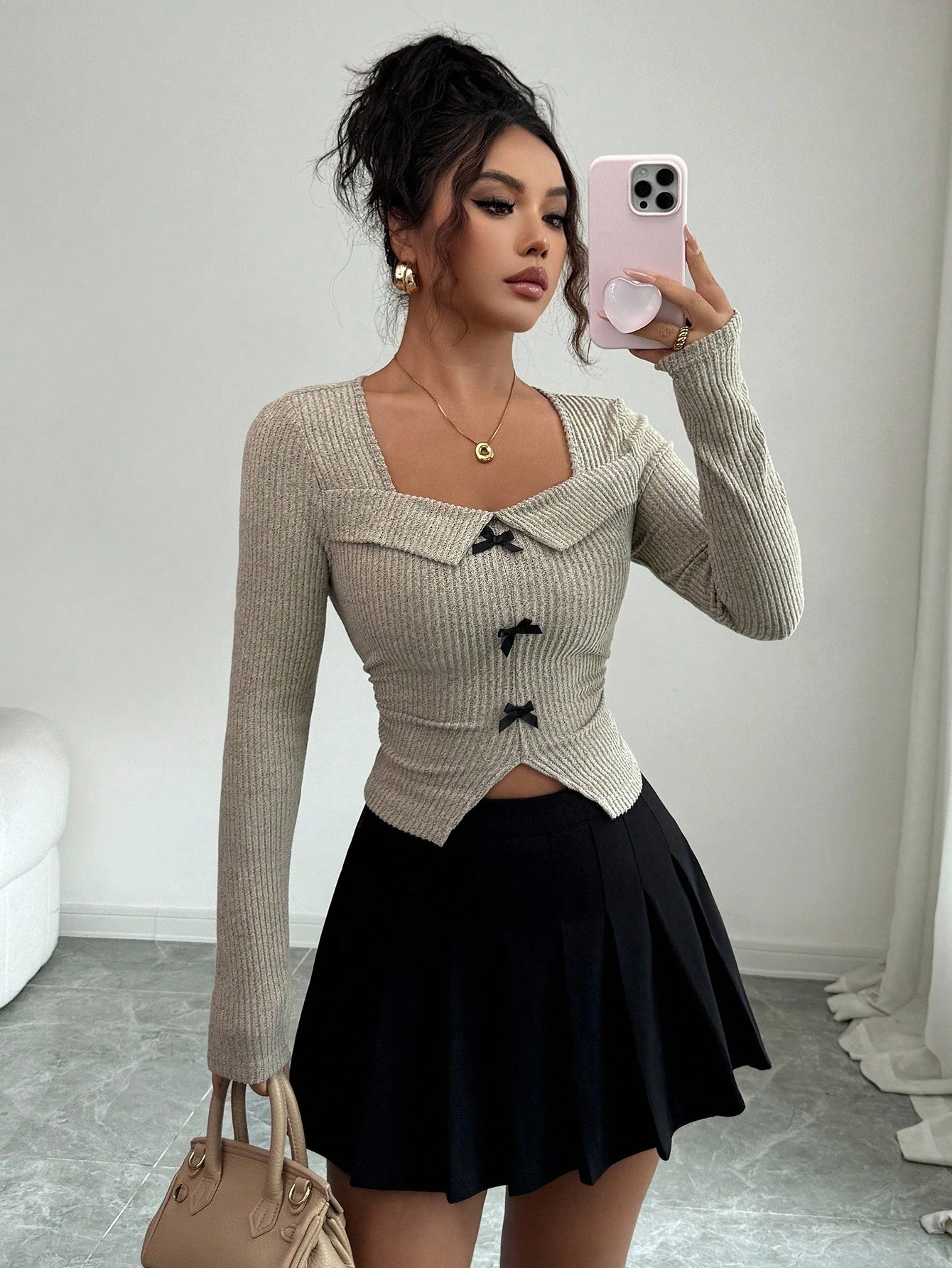 Elenzga Women's Square Neck Bow Asymmetrical Long Sleeve T-Shirt - Image 6