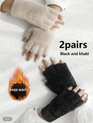 2 Pairs Unisex Solid Color Cute Fuzzy Half-Finger Gloves