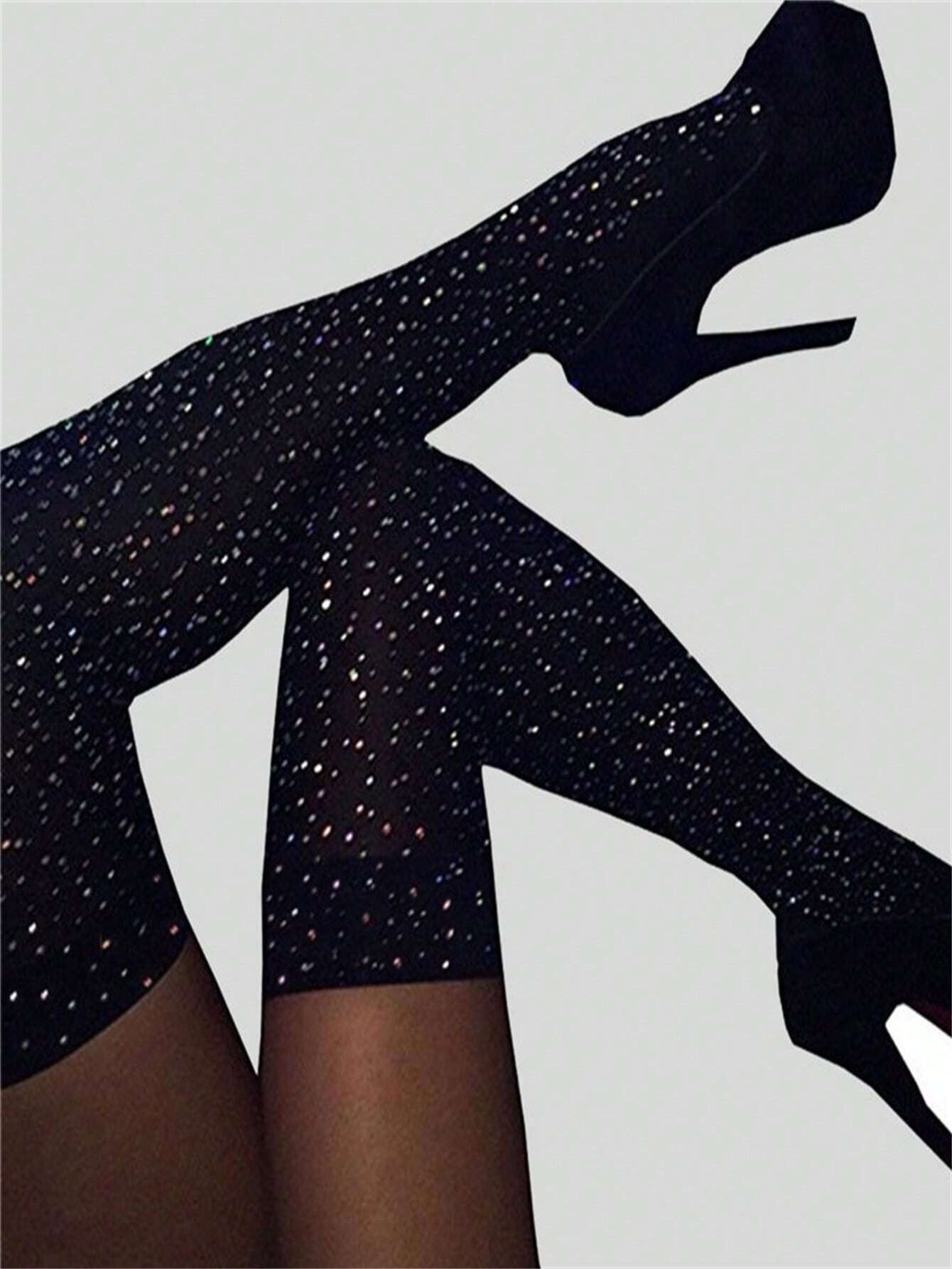 Oversized Black Embellished Knee-High Socks With Shiny Rhinestones