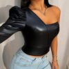 VaVaBold Luxurious Elegant PU Leather Gigot Sleeve Asymmetric Shoulder Women