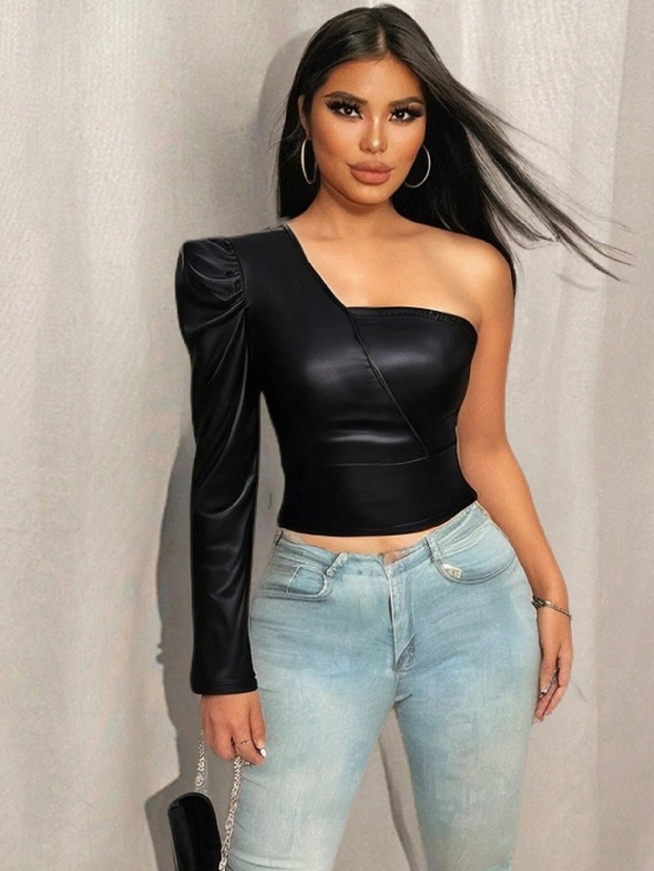 VaVaBold Luxurious Elegant PU Leather Gigot Sleeve Asymmetric Shoulder Women - Image 4