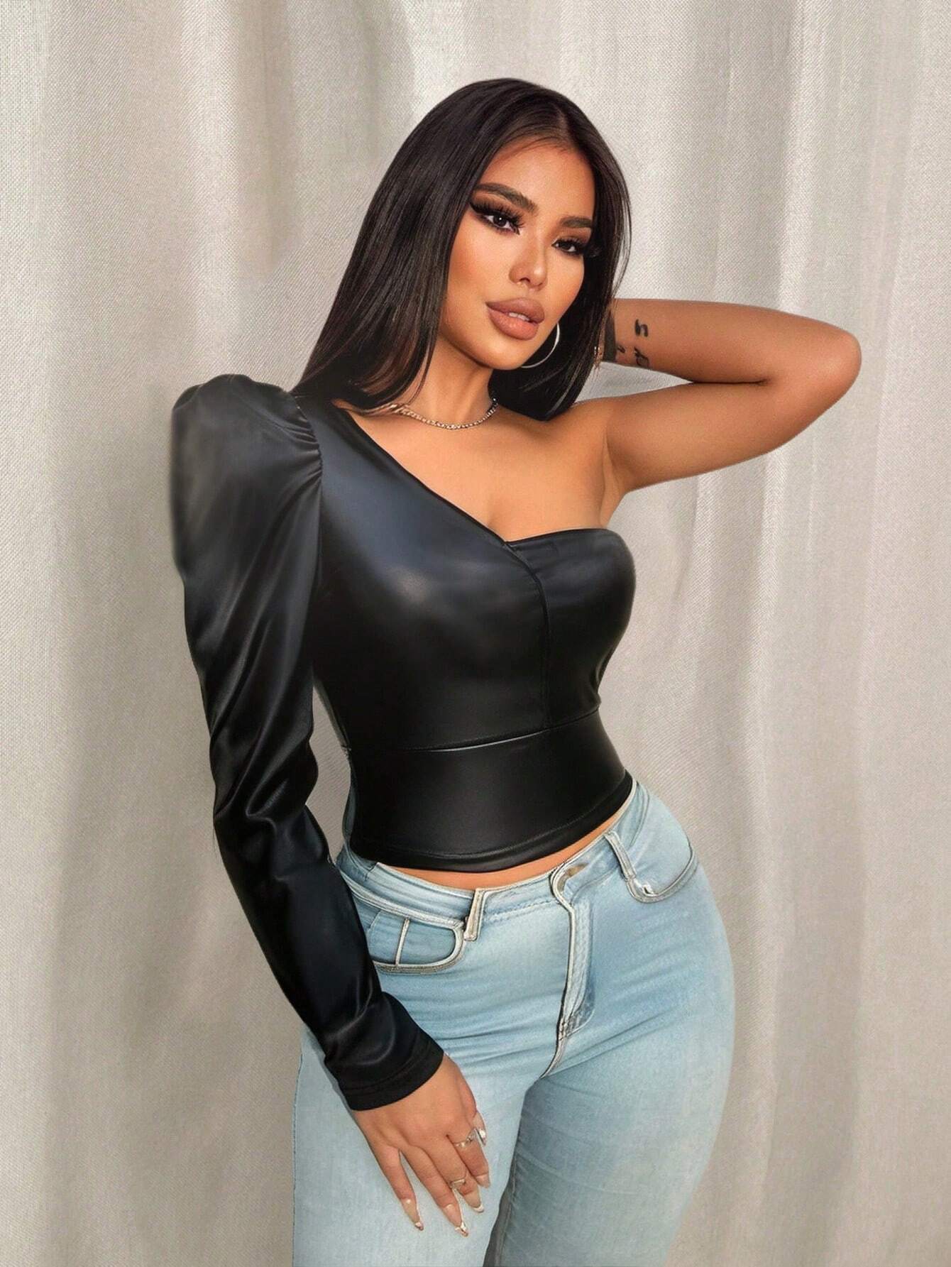 VaVaBold Luxurious Elegant PU Leather Gigot Sleeve Asymmetric Shoulder Women - Image 5