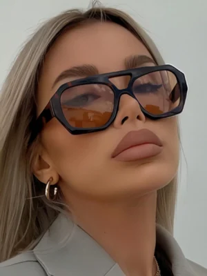 1 Pair Women's Leopard Print Polygon PC Frame Retro Double Bridge Fashionable Casual Style Glasses