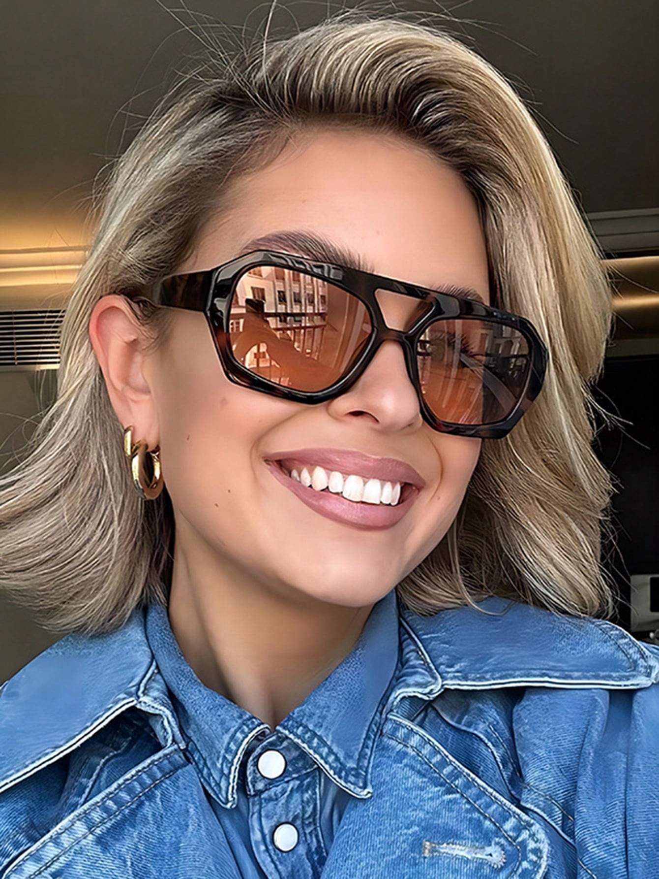 1 Pair Women's Leopard Print Polygon PC Frame Retro Double Bridge Fashionable Casual Style Glasses - Image 2