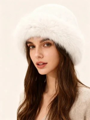 1pc Elegant Solid Color Soft Fleece Spliced Fluffy Trim Warm Windproof Winter Hat350