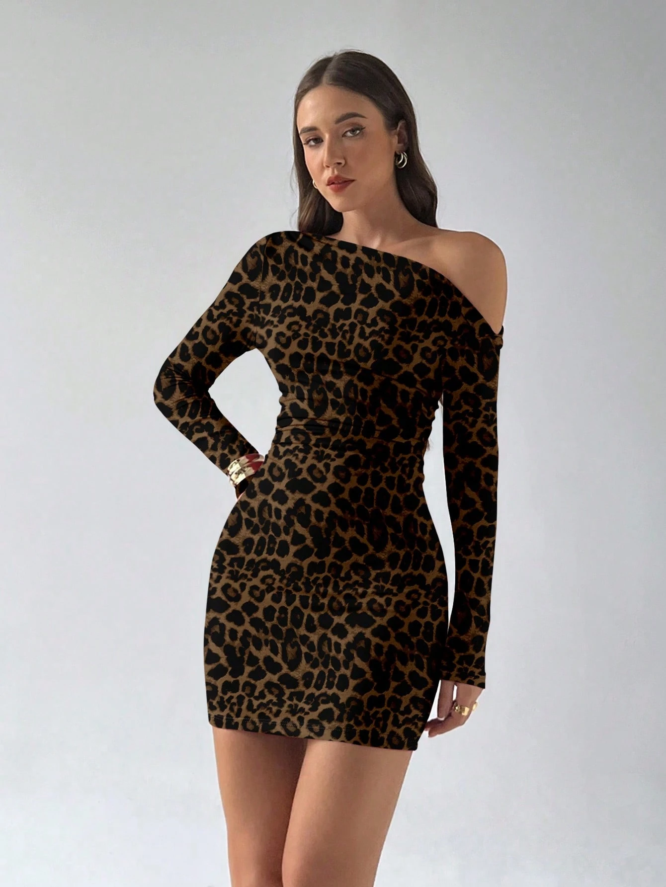 Aloruh Women's Sexy Leopard Print Ruched Waist Asymmetric-Shoulder Bodycon Mini Dress - Image 6