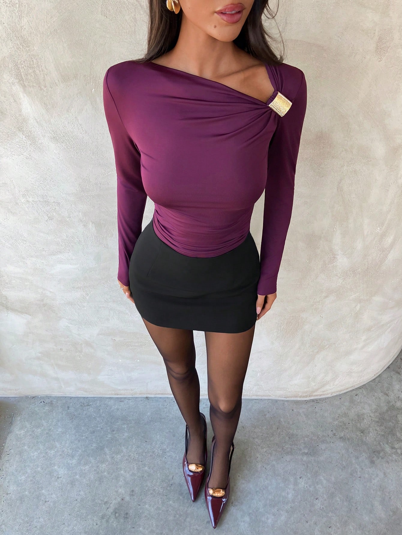 Aloruh Women's Solid Color Asymmetric Neck Long Sleeve Metal Decor Cropped Fitted Fashion T-Shirt - Image 2