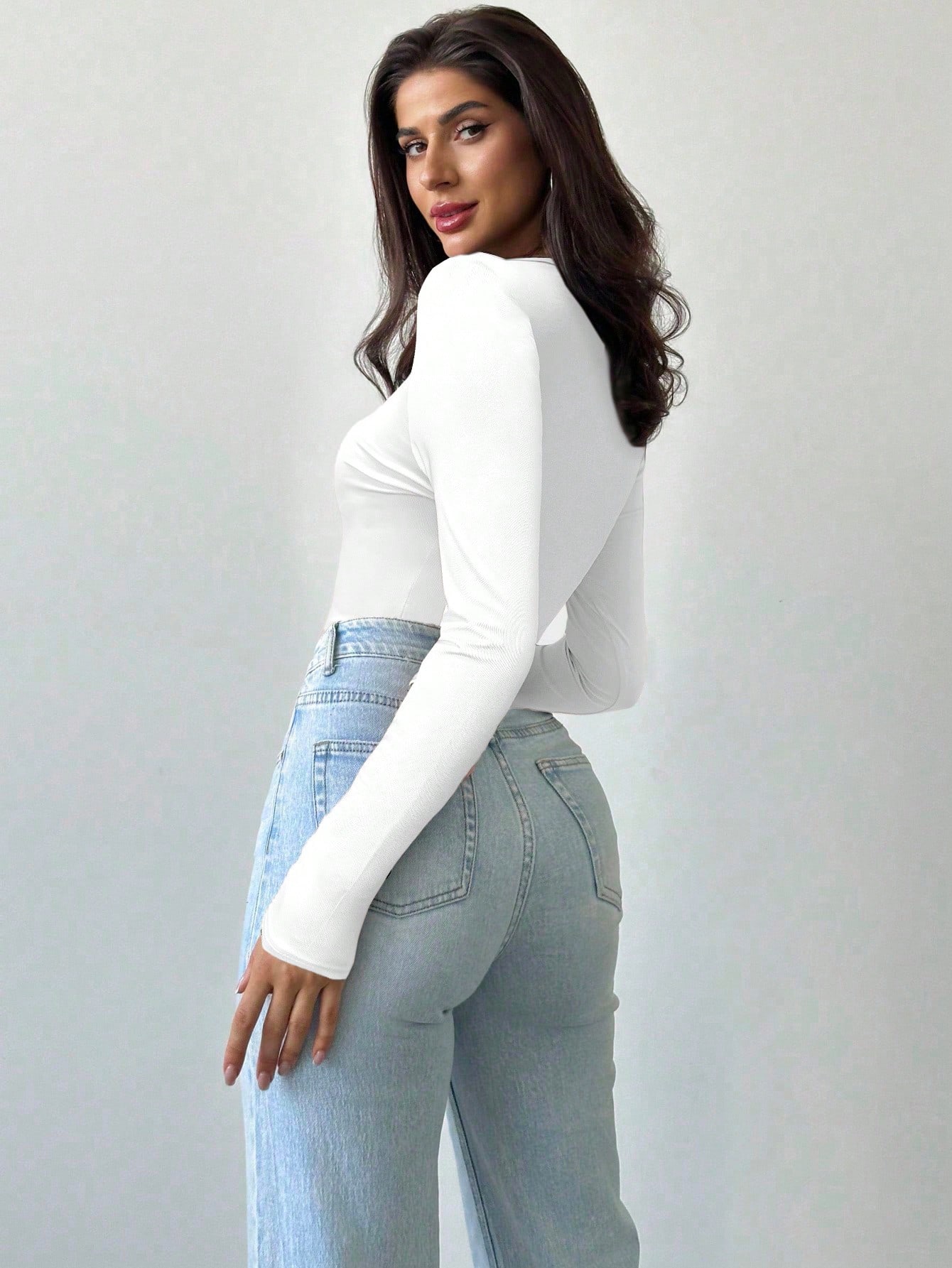 Firerie Women's Elegant Delicate Fashion Hollow Rose Metal Decor Tight Fit Long Sleeve Black T-Shirt - Image 2