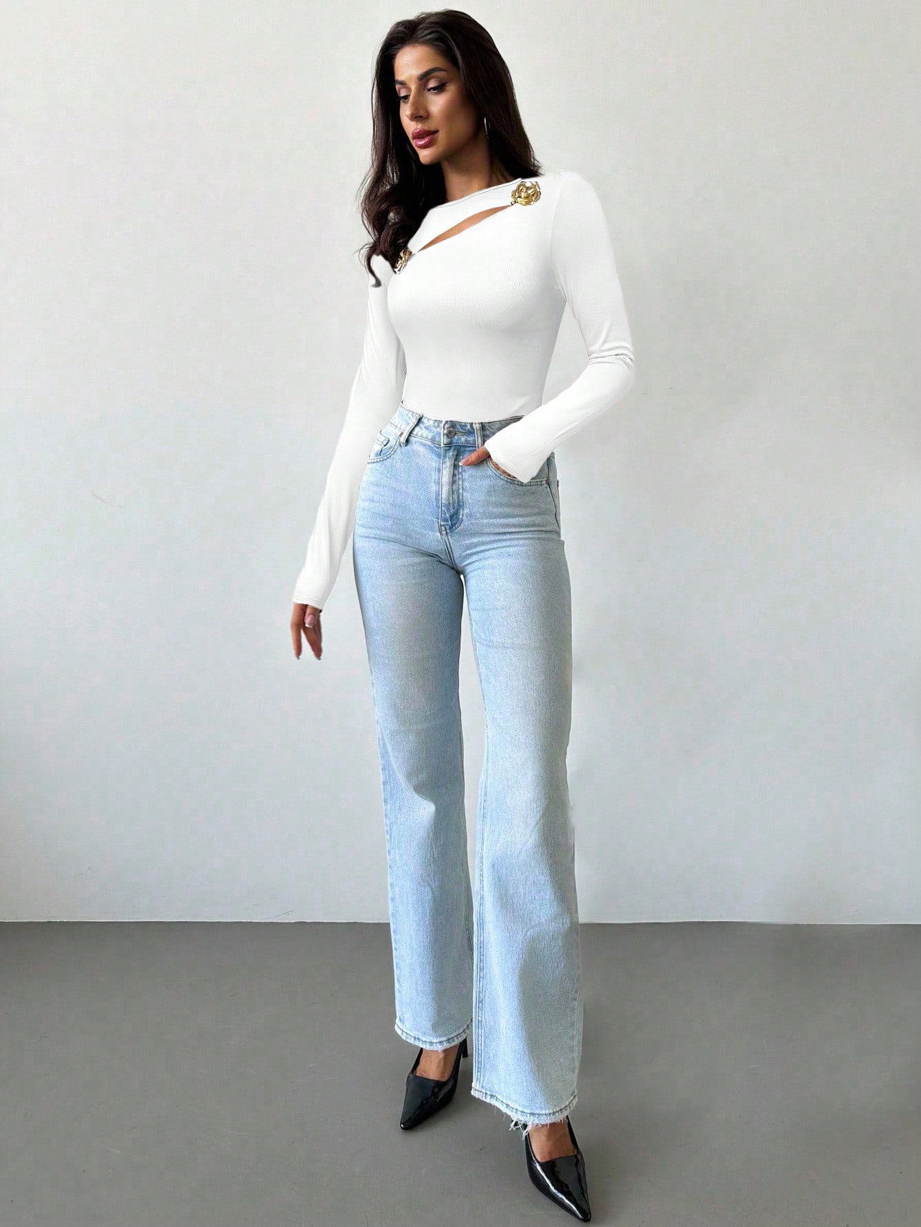 Firerie Women's Elegant Delicate Fashion Hollow Rose Metal Decor Tight Fit Long Sleeve Black T-Shirt - Image 5