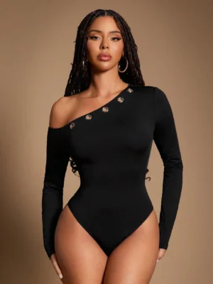 Radiana Women's Sexy Casual Street Style Black Asymmetrical Shoulder Long Sleeve Bodysuit