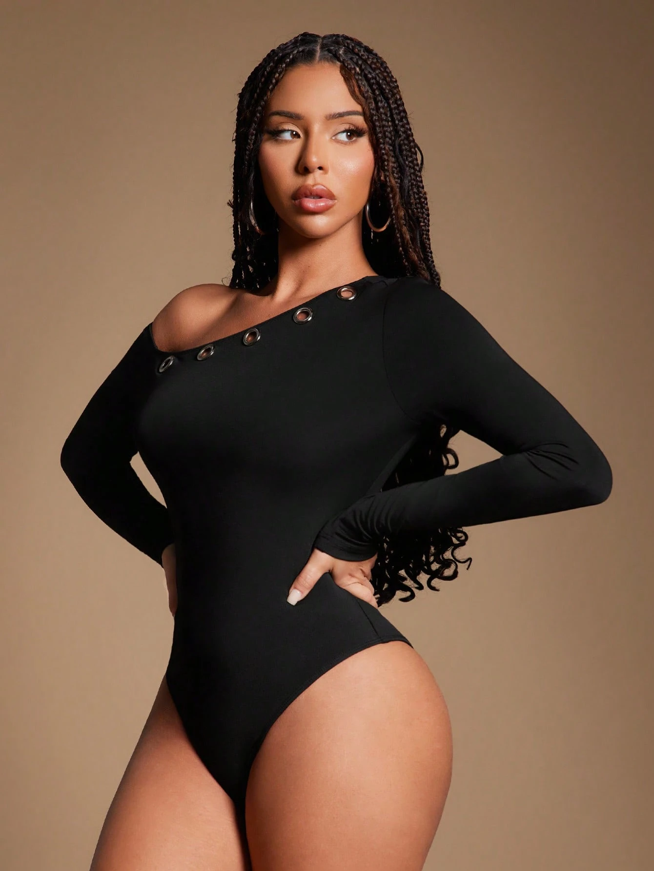 Radiana Women's Sexy Casual Street Style Black Asymmetrical Shoulder Long Sleeve Bodysuit - Image 4