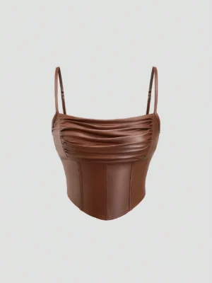 Sweetra Vintage Elegant Faux PU Coated Fake Ruched Adjustable Strap Women Cami Top Y2K