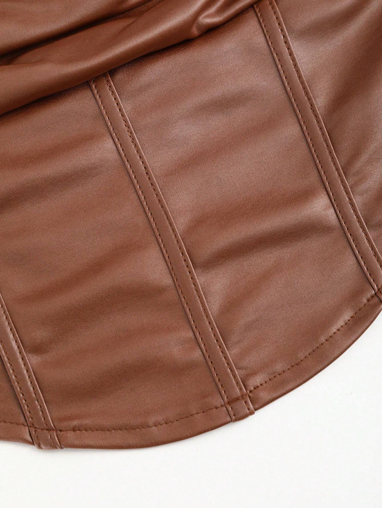 Sweetra Vintage Elegant Faux PU Coated Fake Ruched Adjustable Strap Women Cami Top Y2K - Image 3