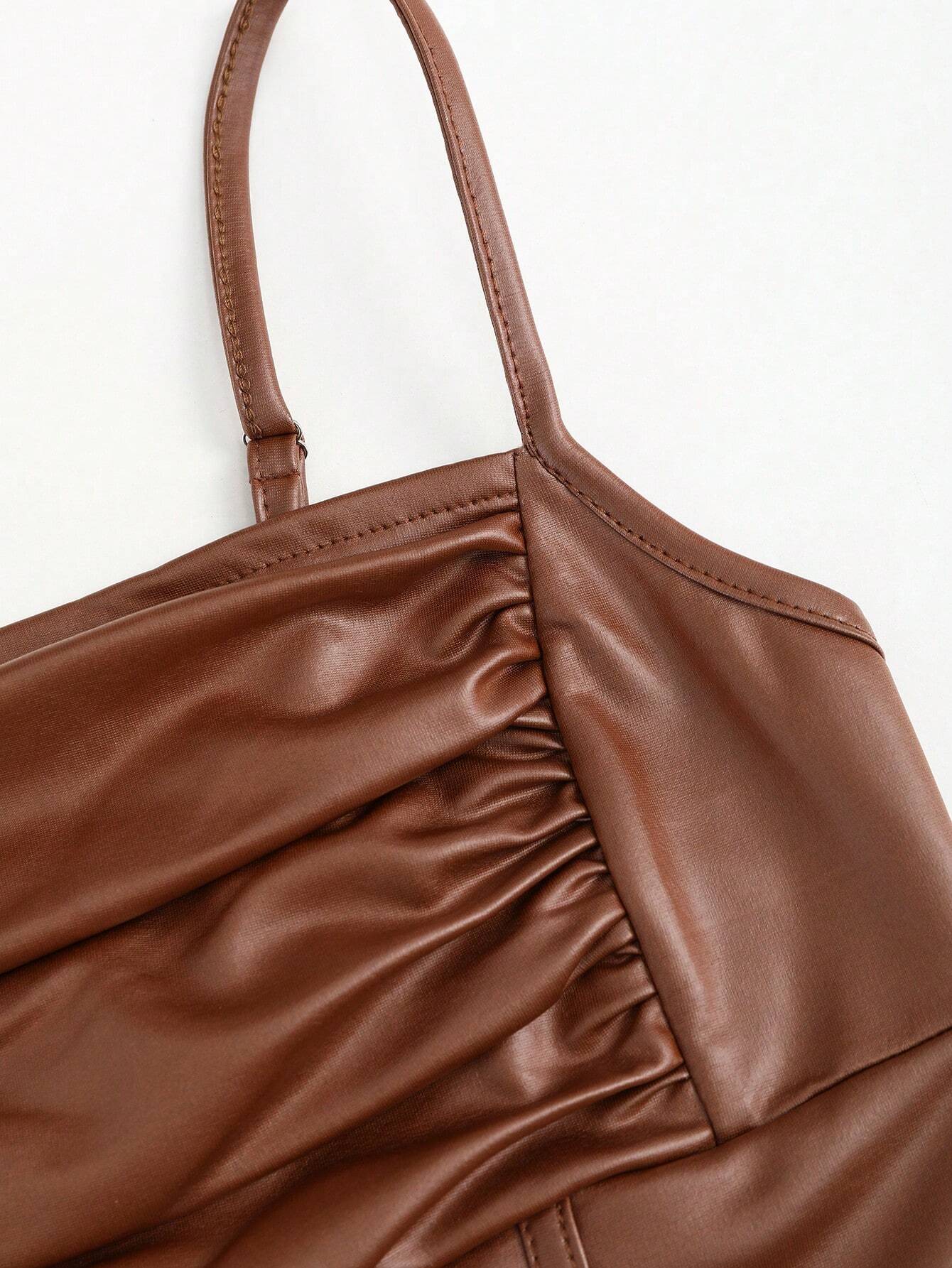 Sweetra Vintage Elegant Faux PU Coated Fake Ruched Adjustable Strap Women Cami Top Y2K - Image 4