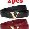 2pcs The Gold Buckle Of The Women's Belt Is In The Form Of The Letter "V" - Adjustable Black And Red Belts