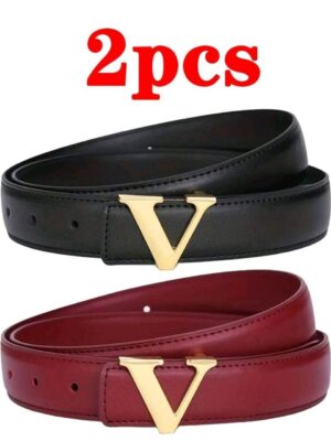 2pcs The Gold Buckle Of The Women's Belt Is In The Form Of The Letter "V" - Adjustable Black And Red Belts