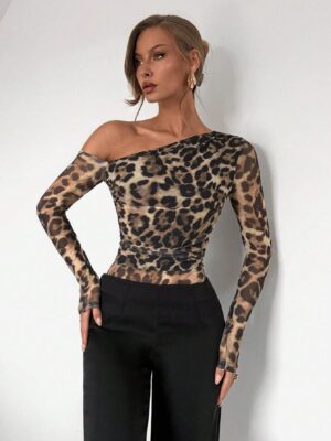 Women's Fashion Leopard Print Mesh Long Sleeve Open Shoulder Bodysuit