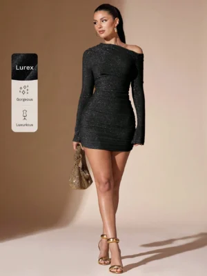 SHEIN BAE Women's Autumn/Winter Solid Color Long Sleeve Knit Oblique Off Shoulder Ruched Bodycon Mini Dress