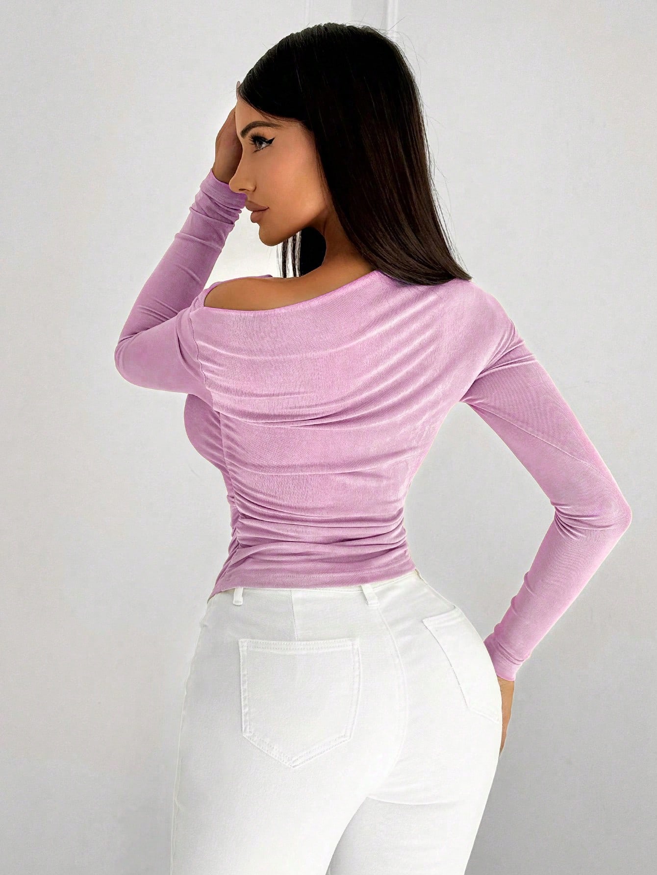 SHEIN SXY Sexy Minimalist Hollow Asymmetrical Shoulder Long Sleeve Pink T-Shirt - Image 2