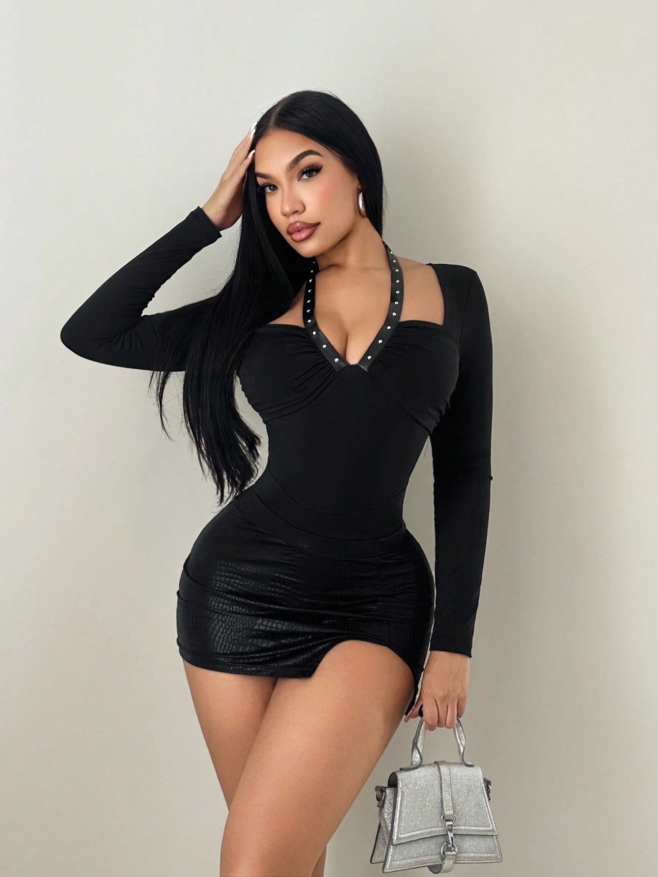 Sirith Women's Autumn/Winter Studded Knit Ruched Long Sleeve Bodysuit