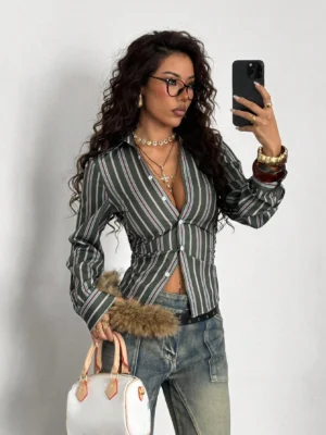 StreetHx Women's Retro Striped Fitted Shirt