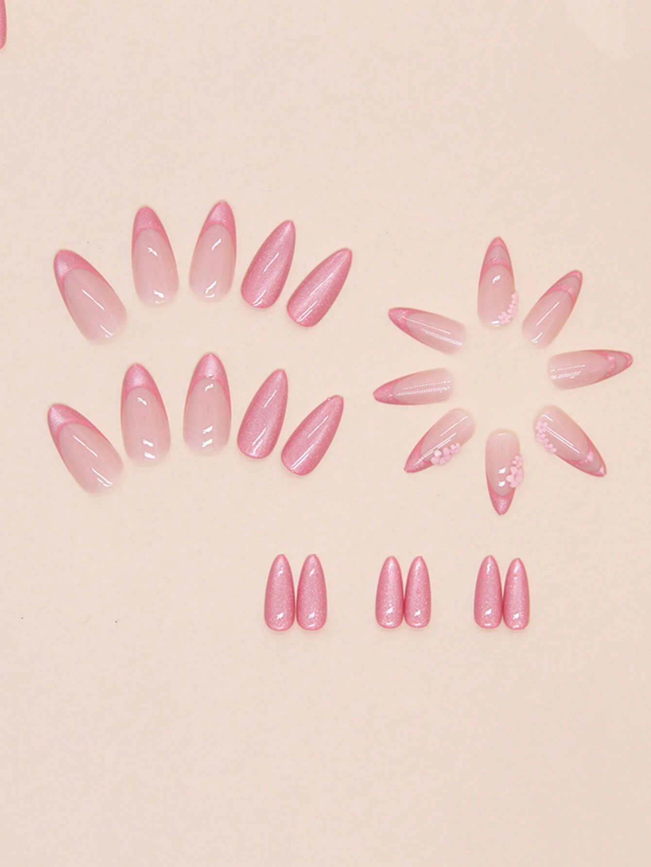 24pcs French Style Pink Cat Eye & Small Flower Design Artificial Nails With Rhinestones - Image 2