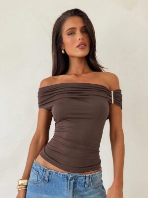 Aloruh Women's Solid Color Off Shoulder Ruched Fitted Fashion T-Shirt Brown Top