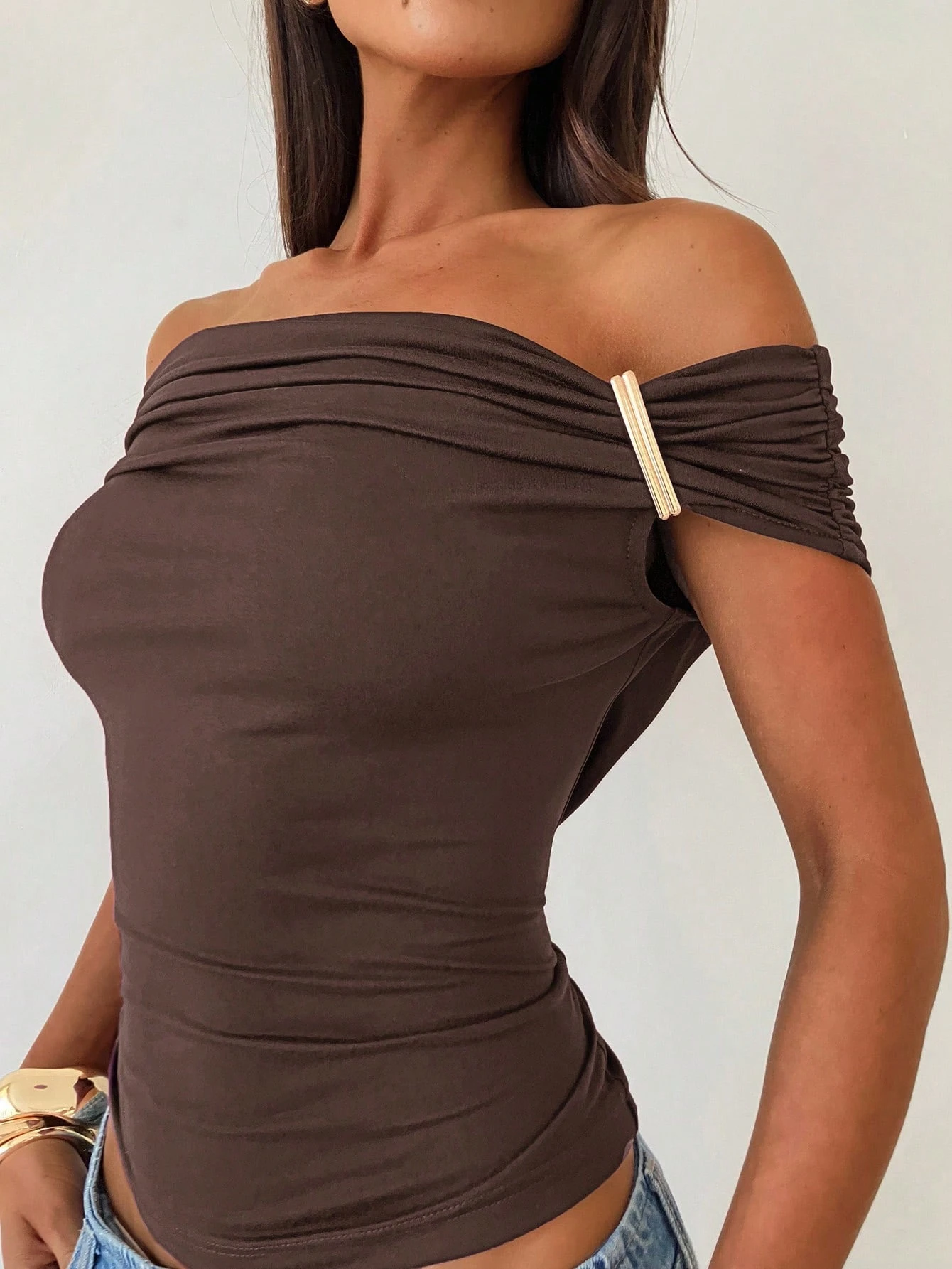 Aloruh Women's Solid Color Off Shoulder Ruched Fitted Fashion T-Shirt Brown Top - Image 6