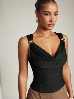 Hauture Women's Basic Casual Office Ruched Shoulder With Gold Decor Cowl Neck Top