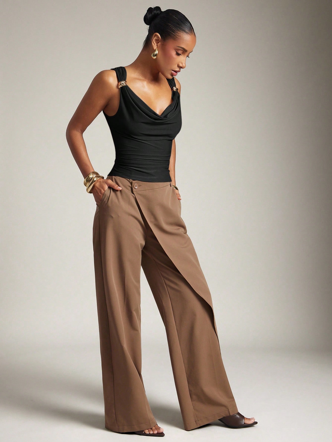 Hauture Women's Basic Casual Office Ruched Shoulder With Gold Decor Cowl Neck Top - Image 5