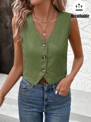 SHEIN LUNE Office Lady Fashionable Solid Color Camisole Vest Shirt Green Top