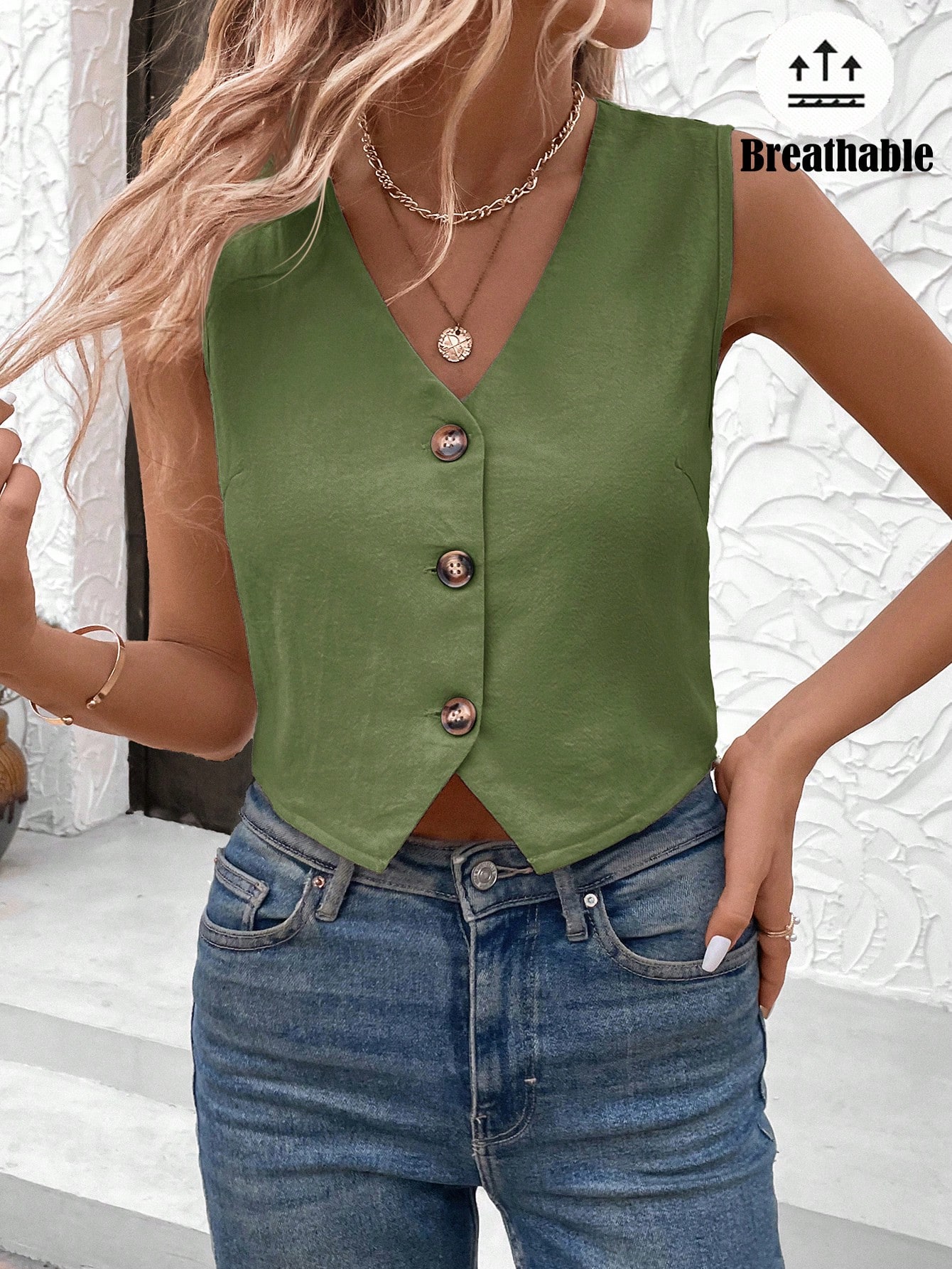 SHEIN LUNE Office Lady Fashionable Solid Color Camisole Vest Shirt Green Top - Image 4