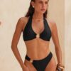 Swim Chiccia 2pcs Black Solid Color Halter Tie Sexy Bikini Swimwear With Metal Sun Decor Accessor