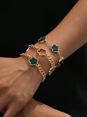 3pcs Set Women Rhinestone Embellished Thick Chain Green Clover Charm Bracelets