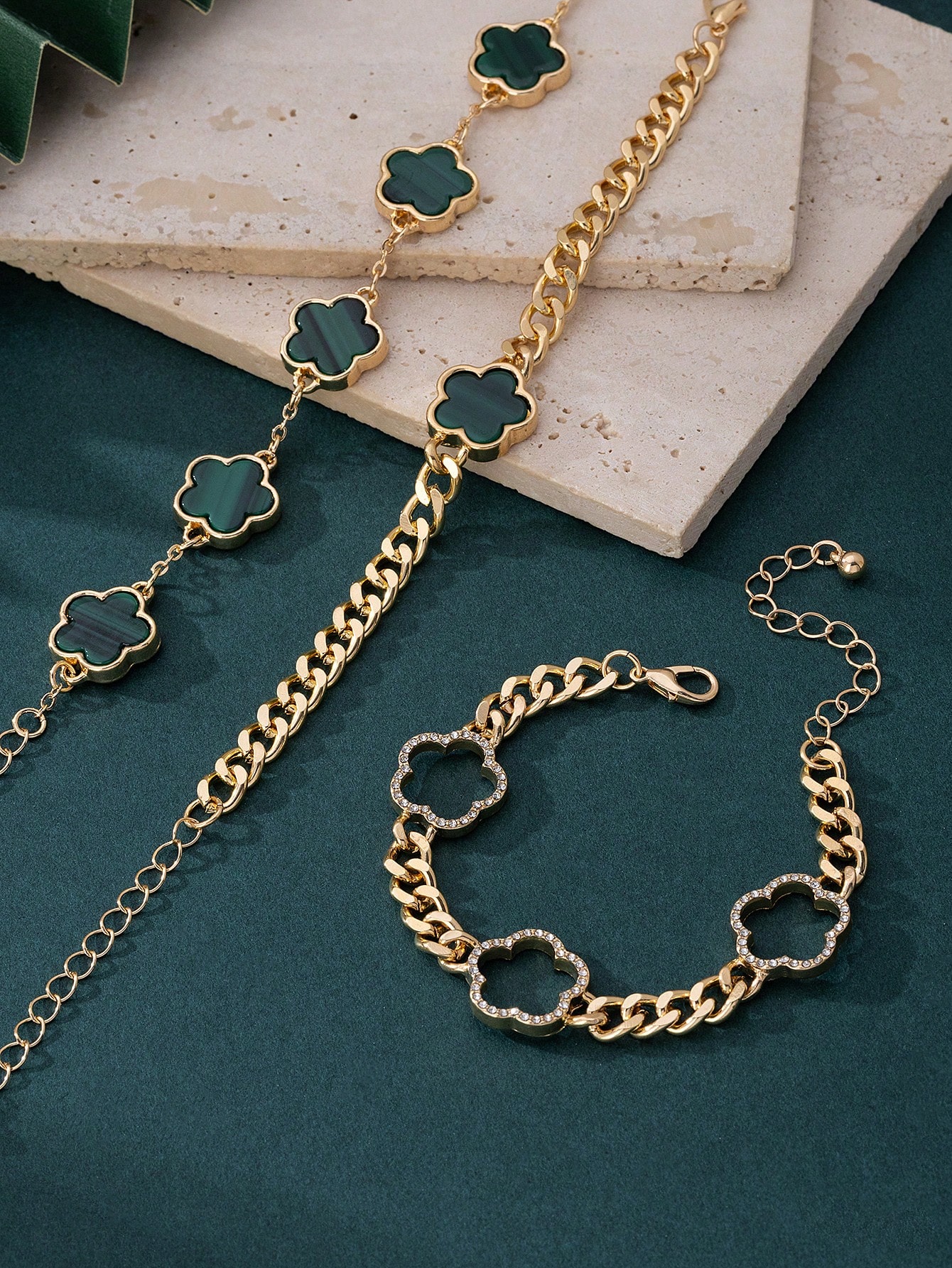 3pcs Set Women Rhinestone Embellished Thick Chain Green Clover Charm Bracelets - Image 2