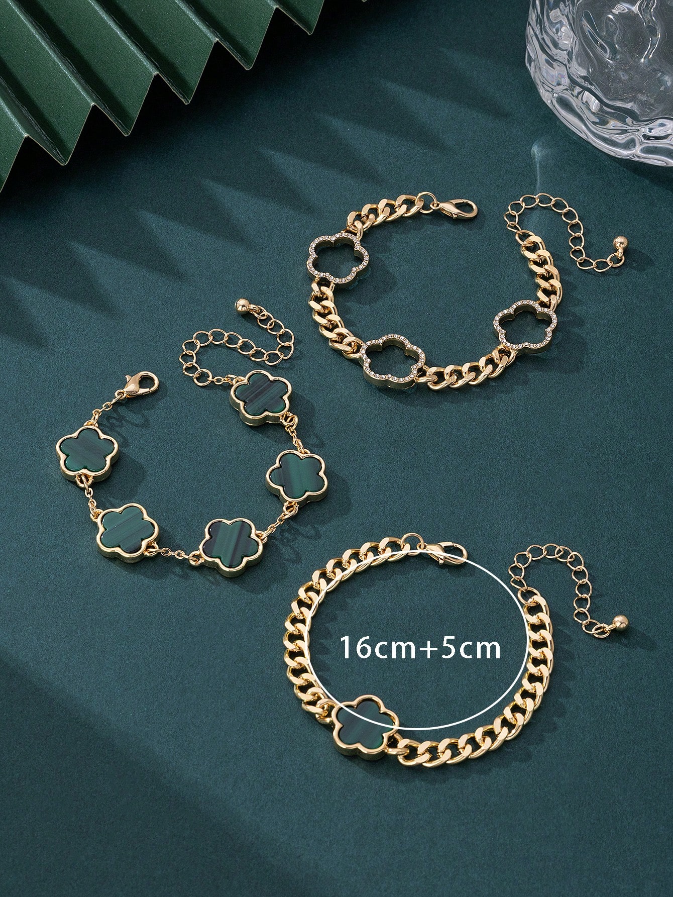 3pcs Set Women Rhinestone Embellished Thick Chain Green Clover Charm Bracelets - Image 5