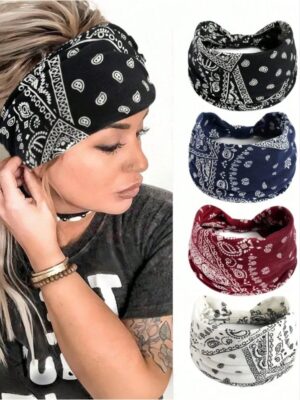 4pcs Vintage Paisley Pattern Headbands For Women, Colorful Bandana Style Sports Sweatbands