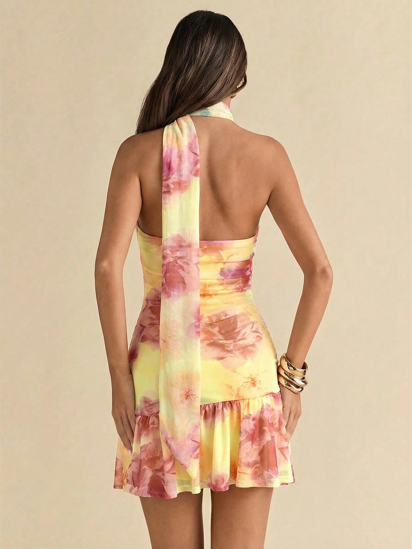 SHEIN BAE Summer Women's Floral Print Bodycon Ruched Asymmetric Strapless Tie Decor Elegant Mini Dress - Image 2