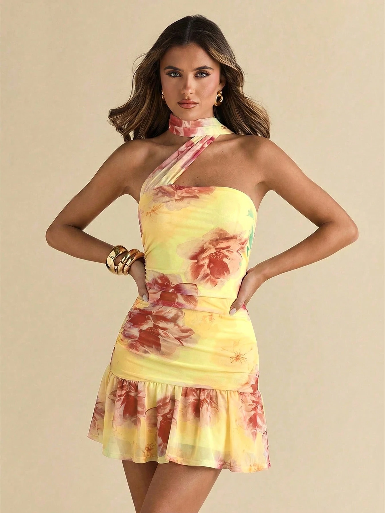 SHEIN BAE Summer Women's Floral Print Bodycon Ruched Asymmetric Strapless Tie Decor Elegant Mini Dress - Image 4