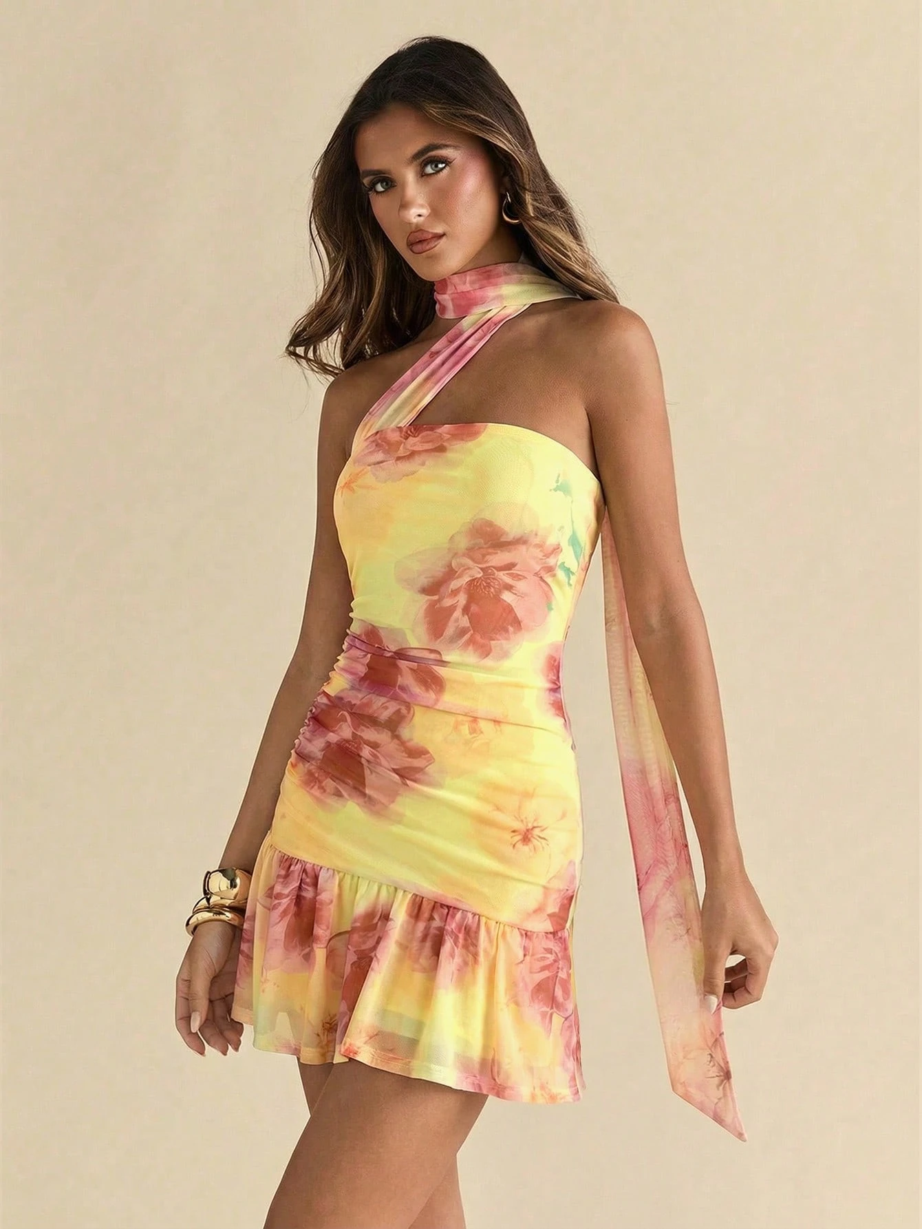 SHEIN BAE Summer Women's Floral Print Bodycon Ruched Asymmetric Strapless Tie Decor Elegant Mini Dress - Image 5