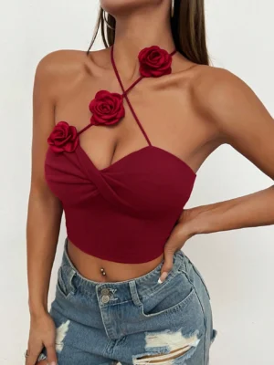 SHEIN PETITE Women's Solid Color 3D Floral Decor Cropped Halter Neck Tank Top