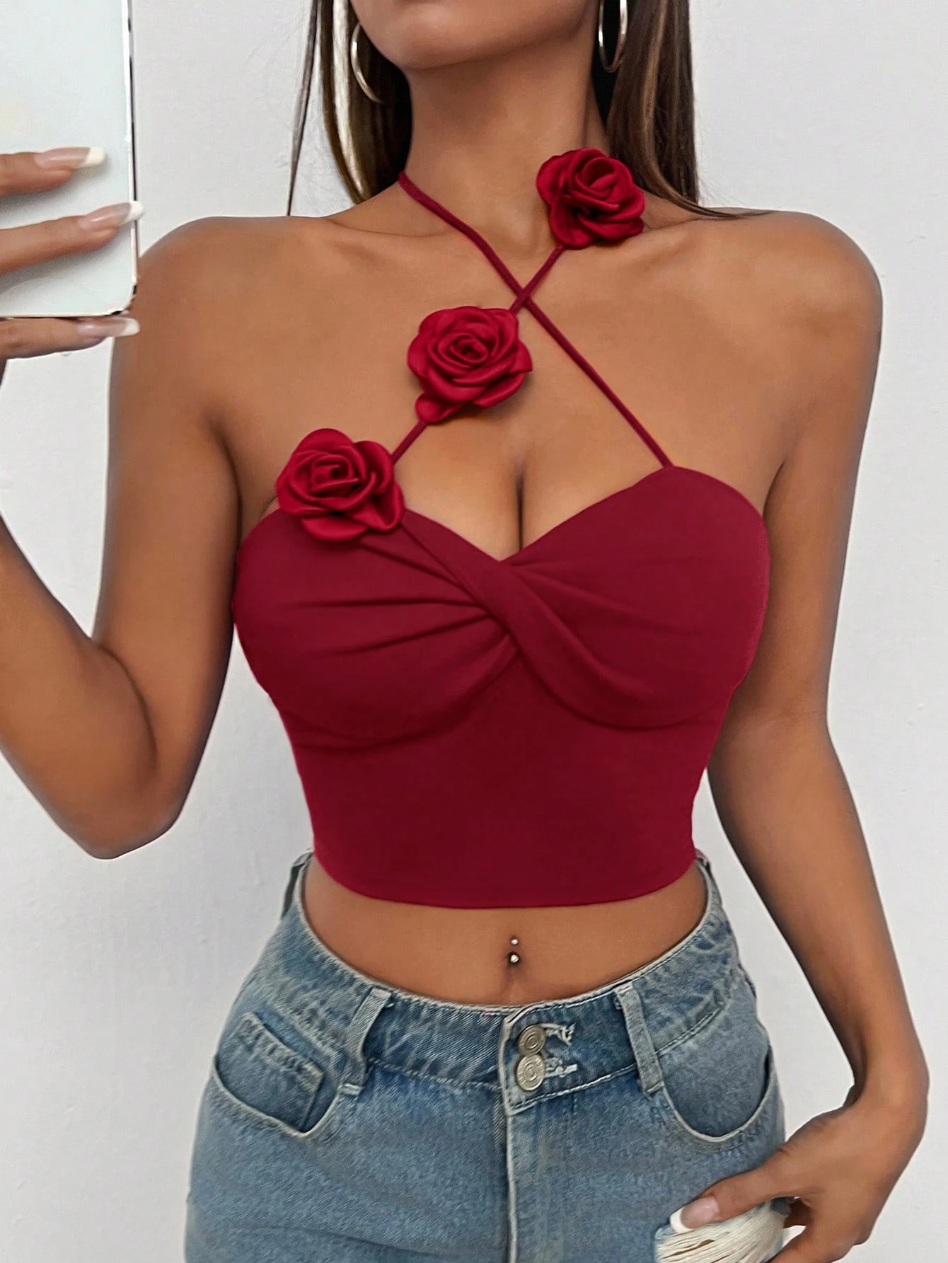 SHEIN PETITE Women's Solid Color 3D Floral Decor Cropped Halter Neck Tank Top - Image 3