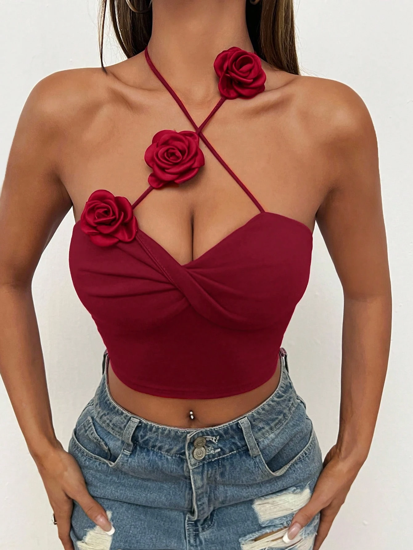 SHEIN PETITE Women's Solid Color 3D Floral Decor Cropped Halter Neck Tank Top - Image 5