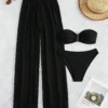 SHEIN Swim Summer Beach Plain Bandeau Bikini Set With Cover Up Pants