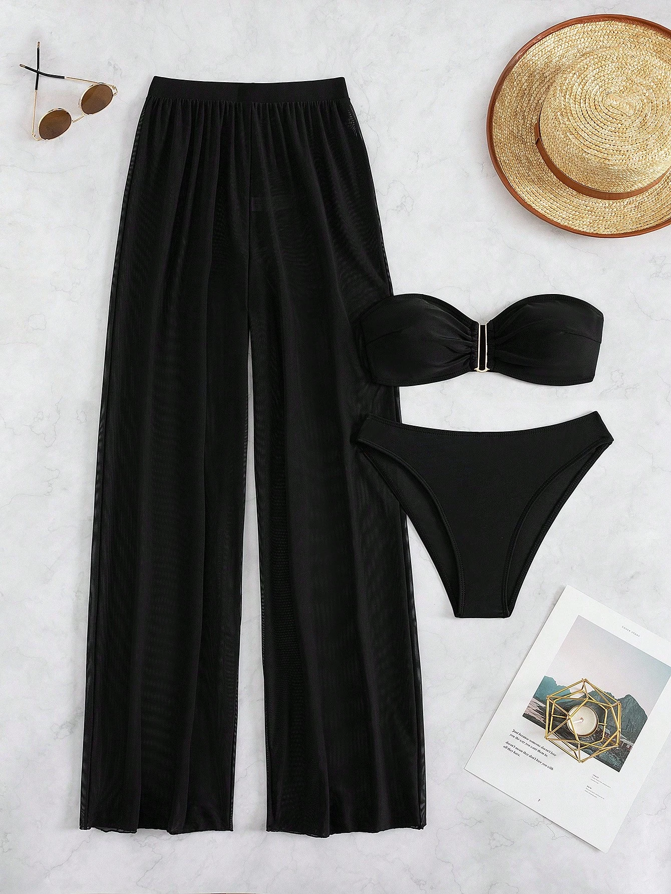 SHEIN Swim Summer Beach Plain Bandeau Bikini Set With Cover Up Pants
