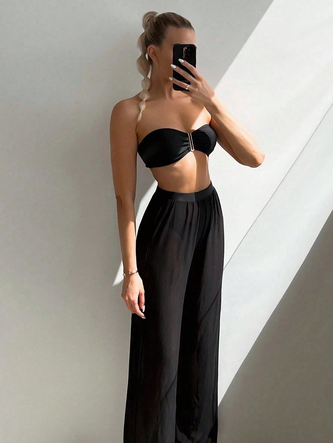 SHEIN Swim Summer Beach Plain Bandeau Bikini Set With Cover Up Pants - Image 5