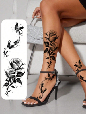 2pcs Black Flower & Butterfly Temporary Tattoo Stickers For Women, Waterproof & Long Lasting Fake Tattoo