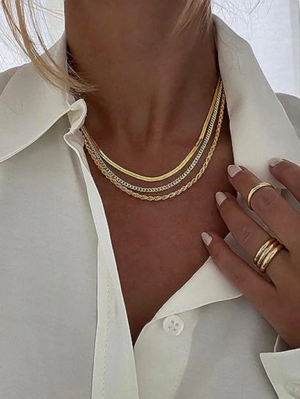 3pcs Stainless Steel Fashion Women's Herringbone Necklace Delicate Platinum Necklace